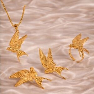 Swallow Peace Bird 18k Gold Stainless Steel Ring, Earrings, Necklace Set